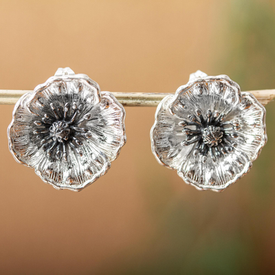 Sterling silver button earrings, 'Amazing Poppies' - Fair Trade Sterling Silver Hook Earrings from Mexico