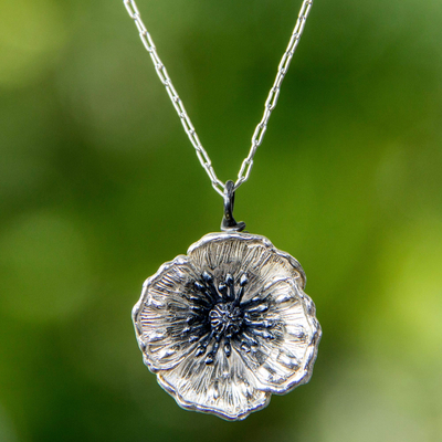 Sterling silver pendant necklace, 'Amazing Poppy' - Fair Trade Sterling Silver and Amber Necklace