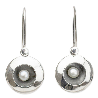 Cultured pearl dangle earrings, 'Moon Intrigue' - Taxco Silver Earrings with Cultured Pearl