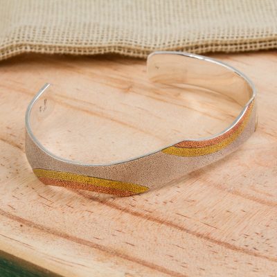 Sterling silver and copper cuff bracelet, 'Rainbow' - Taxco Silver Cuff Bracelet with Copper and Brass