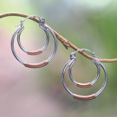 Sterling silver and copper hoop earrings, 'Taxco Orbit' - Taxco Silver Hoop Earrings with Copper