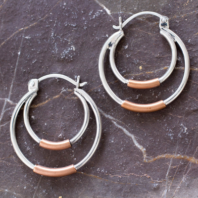 Sterling silver and copper hoop earrings, 'Taxco Orbit' - Taxco Silver Hoop Earrings with Copper