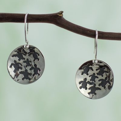 Sterling silver dangle earrings, 'Save the Turtles' - Taxco Silver Turtle Theme Earrings