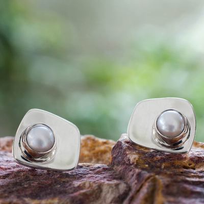 Cultured pearl button earrings, 'Luminosity' - Cultured Pearl Taxco Silver Earrings
