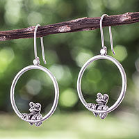 Sterling silver dangle earrings, 'Curious Frog' - Handmade Silver Frog Earrings from Taxco