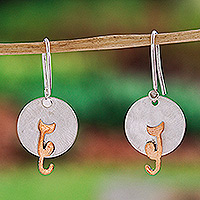 Handmade Silver and Copper Cat Earrings from Taxco,'Cat in the Moonlight'