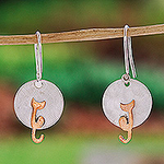 Handmade Silver and Copper Cat Earrings from Taxco, 'Cat in the Moonlight'