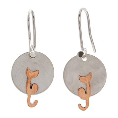 Sterling silver and copper earrings, 'Cat in the Moonlight' - Handmade Silver and Copper Cat Earrings from Taxco