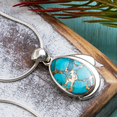 Sterling silver pendant necklace, 'Azure Allure' - Taxco Sterling Necklace with Composite Turquoise