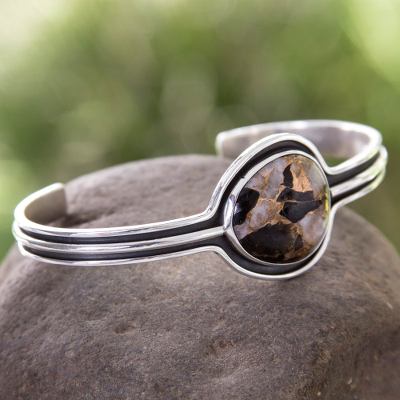 Sterling silver cuff bracelet, 'Drama' - Taxco Silver Bracelet with Composite Obsidian