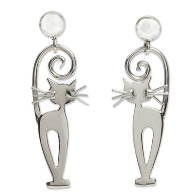 Sterling silver dangle earrings, 'Taxco Cat' - Taxco Silver Kitty Cat Earrings