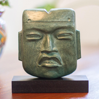 Esculturas - Escultura Máscara Verde con Soporte de Madera