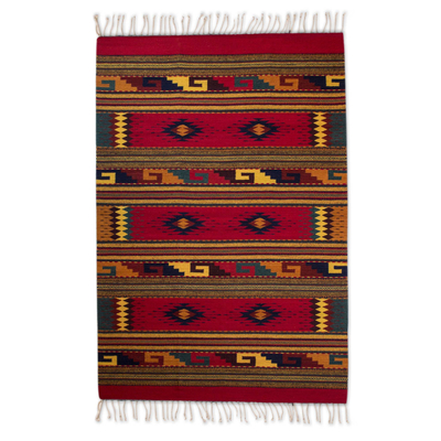 Teppich aus zapotekischer Wolle, 'Sierra Glyphs - Handgewebter Teppich aus zapotekischer Wolle