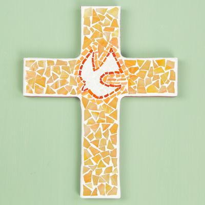 Glass mosaic cross, 'Illuminated Dove' (small) - Hand Crafted Glass Mosaic Wall Cross