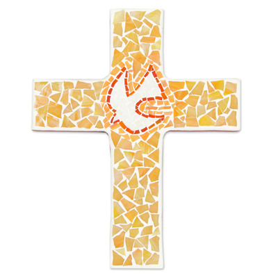 Glass mosaic cross, 'Illuminated Dove' (small) - Hand Crafted Glass Mosaic Wall Cross