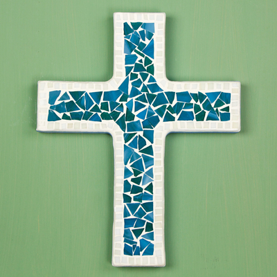 Glass mosaic cross, 'Heavenly' - Turquoise Glass Mosaic Handcrafted Wall Cross