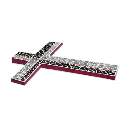 Glass mosaic cross, 'Spiritual' - Glass Mosaic Wall Cross in Black, Grey and Red