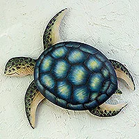 Steel wall art, 'Sea Turtle' - Handmade Green Turtle Wall Sculpture