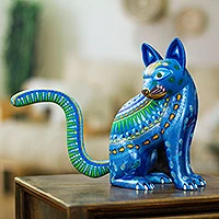 Alebrije sculpture, 'Cat of the Moon and Water' - Mexico Alebrije Mystical Cat Sculpture Oaxaca Folk Art