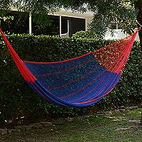Cotton hammock, 'Puerto Vallarta' (double) - Blue Cotton Maya Hammock with Red Trim from Mexico