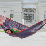 Cotton hammock, 'Puerto Vallarta' (double) - Blue Cotton Maya Hammock with Red Trim from Mexico