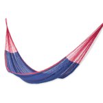 Cotton hammock, 'Puerto Vallarta' (double) - Blue Cotton Maya Hammock with Red Trim from Mexico