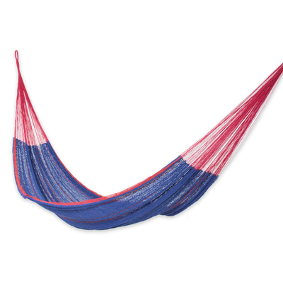 Blue Cotton Maya Hammock with Red Trim from Mexico