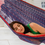 Cotton hammock, 'Puerto Vallarta' (double) - Blue Cotton Maya Hammock with Red Trim from Mexico