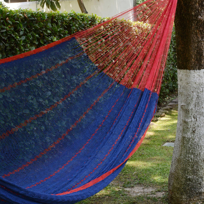 Hamaca de algodón, (doble) - Hamaca Maya de Algodón Azul con Ribete Rojo de México