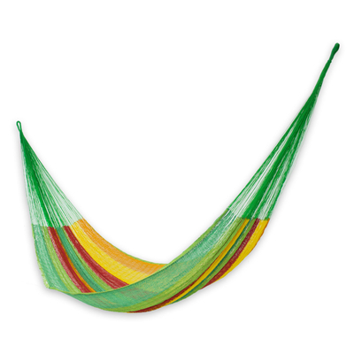 Green and Yellow Cotton Maya Hammock with Red Trim