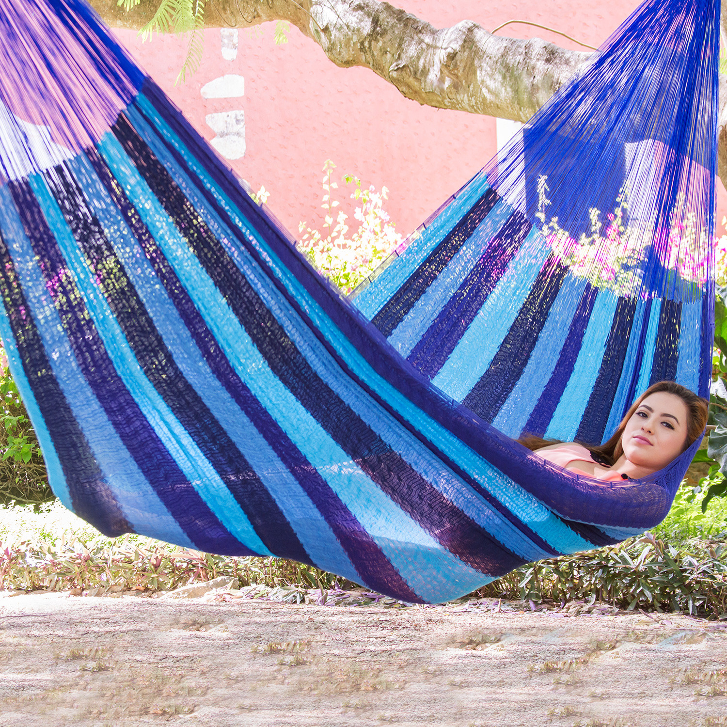 Handmade Blue Cotton Maya Hammock from Mexico, 'Huatulco'