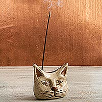 Ceramic incense holder, 'Owl Cat' - Animal Theme Burnished Clay Incense Holder from Mexico