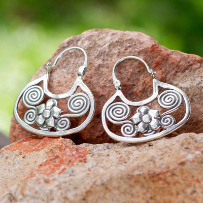 Sterling silver flower earrings, 'Floral Mazahua' - Artisan Crafted Sterling Silver Hoop Earrings from Mexico
