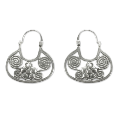 Sterling silver flower earrings, 'Floral Mazahua' - Artisan Crafted Sterling Silver Hoop Earrings from Mexico