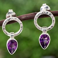 Amethyst drop earrings, 'New Era' - Modern Amethyst and Taxco Silver Earrings