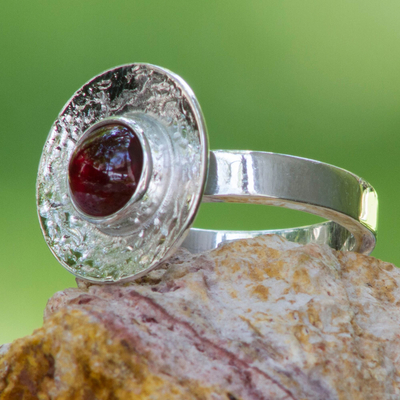 Garnet cocktail ring, 'Center of Light' - Garnet on Silver 950 Cocktail Ring Fair Trade Jewelry