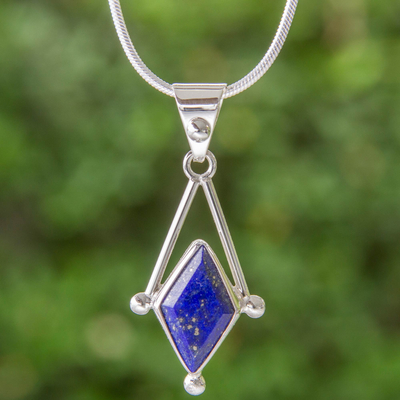 Lapis lazuli pendant necklace, 'Spark of Blue' - Lapis Lazuli and 950 Silver Artisan Necklace