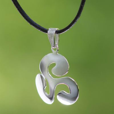 Sterling silver pendant necklace, 'Luck' - Silver Clover Pendant Necklace with Black Leather Cord