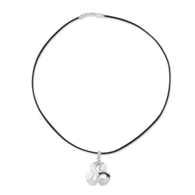 Sterling silver pendant necklace, 'Luck' - Silver Clover Pendant Necklace with Black Leather Cord