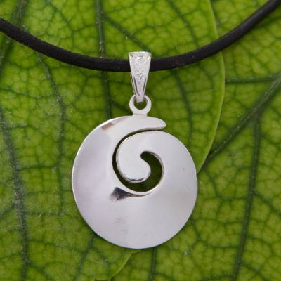 Sterling silver pendant necklace, 'Sleek Spiral' - Silver Spiral Pendant Necklace with Black Leather Cord