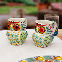 Majolica ceramic mugs, 'Owl Hospitality' (pair)