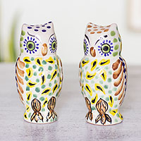 Majolica ceramic salt and pepper shakers, 'Owl Spice' (pair) - Handcrafted Majolica Ceramic Bird Salt & Pepper Shakers