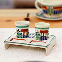 Majolica ceramic tequila glasses set, 'Acapulco' (pair) - Hand Crafted Majolica Ceramic Tequila Shot Glasses and Stand