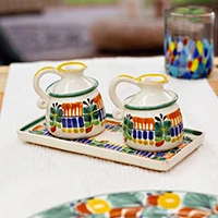 Majolica ceramic oil and vinegar set, Acapulco