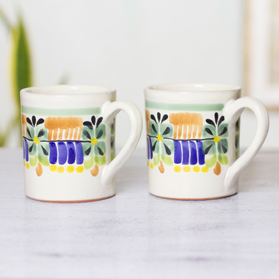 Majolica ceramic mugs, 'Acapulco' (pair) - Majolica Ceramic Mugs Artisan Crafted in Mexico (Pair)