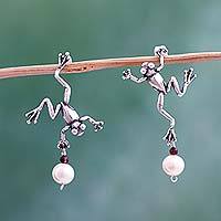 Cultured pearl and garnet button earrings, 'Whimsical Frogs' - Mexican Artisan Silver Earrings with Pearls and Garnet