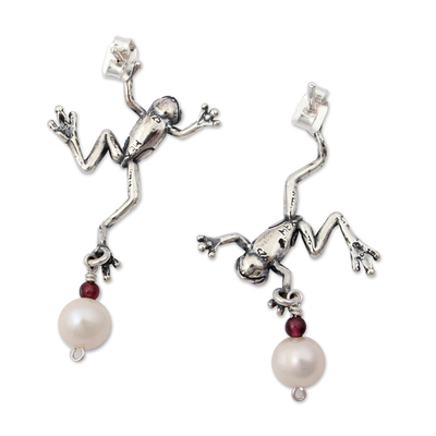 Cultured pearl and garnet button earrings, 'Whimsical Frogs' - Mexican Artisan Silver Earrings with Pearls and Garnet