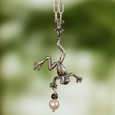 Cultured pearl and garnet pendant necklace, Whimsical Frog