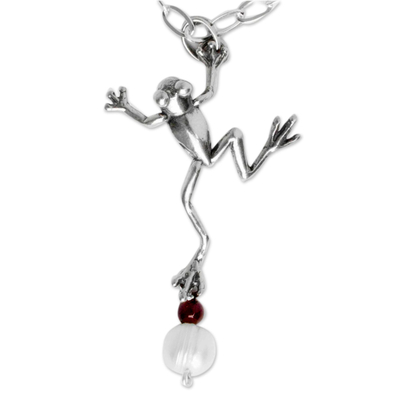 Cultured pearl and garnet pendant necklace, 'Whimsical Frog' - Sterling Silver with Pearl and Garnet Handcrafted Necklace