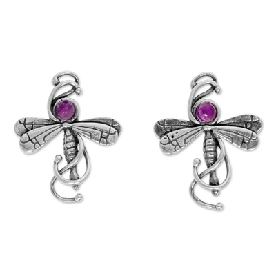 Amethyst button earrings, 'Majestic Dragonflies' - Mexican Hand Crafted Sterling Silver Earrings with Amethyst